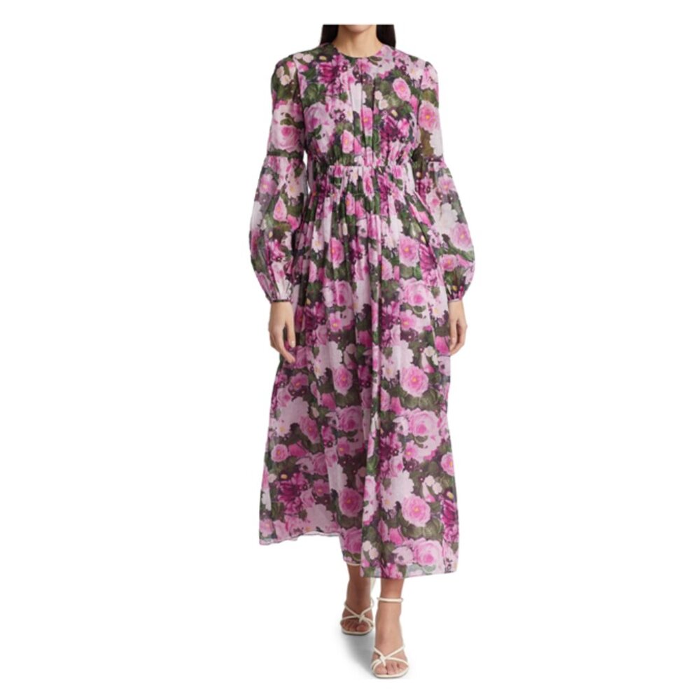 Lela Rose Floral Printed Voile Midi Dress with Ruched Waist | Size 2 | Pockets